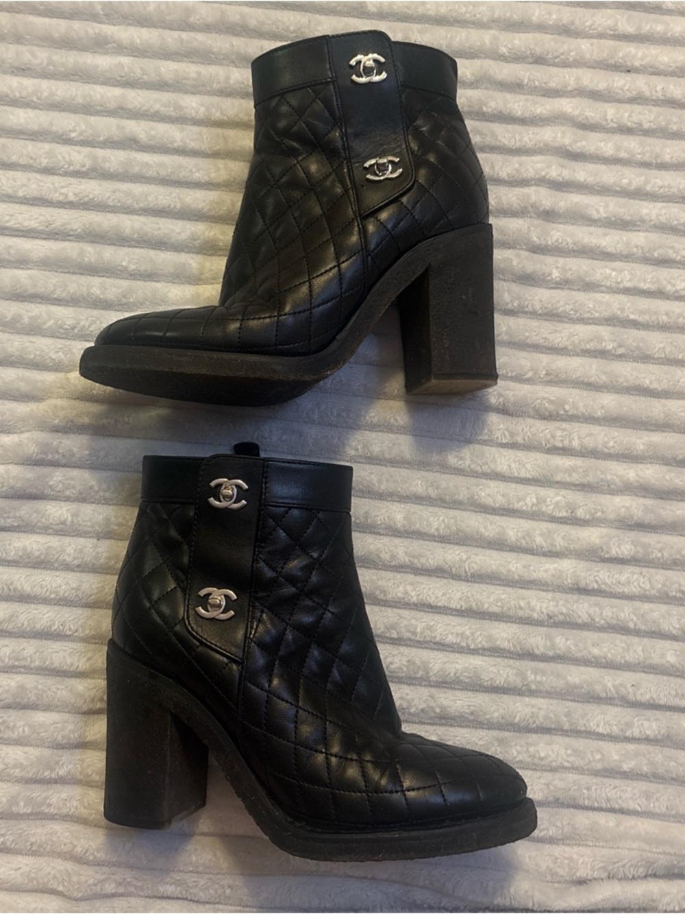 CHANEL Black Quilted Leather Ankle Booties with CC Hardware